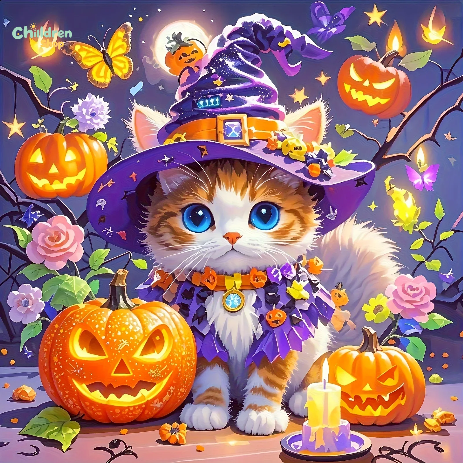 Resin Art Work - Halloween-Zauberer-Katze, Diamant-Malerei-Set, vollständiges Mosaik mit quadratischen